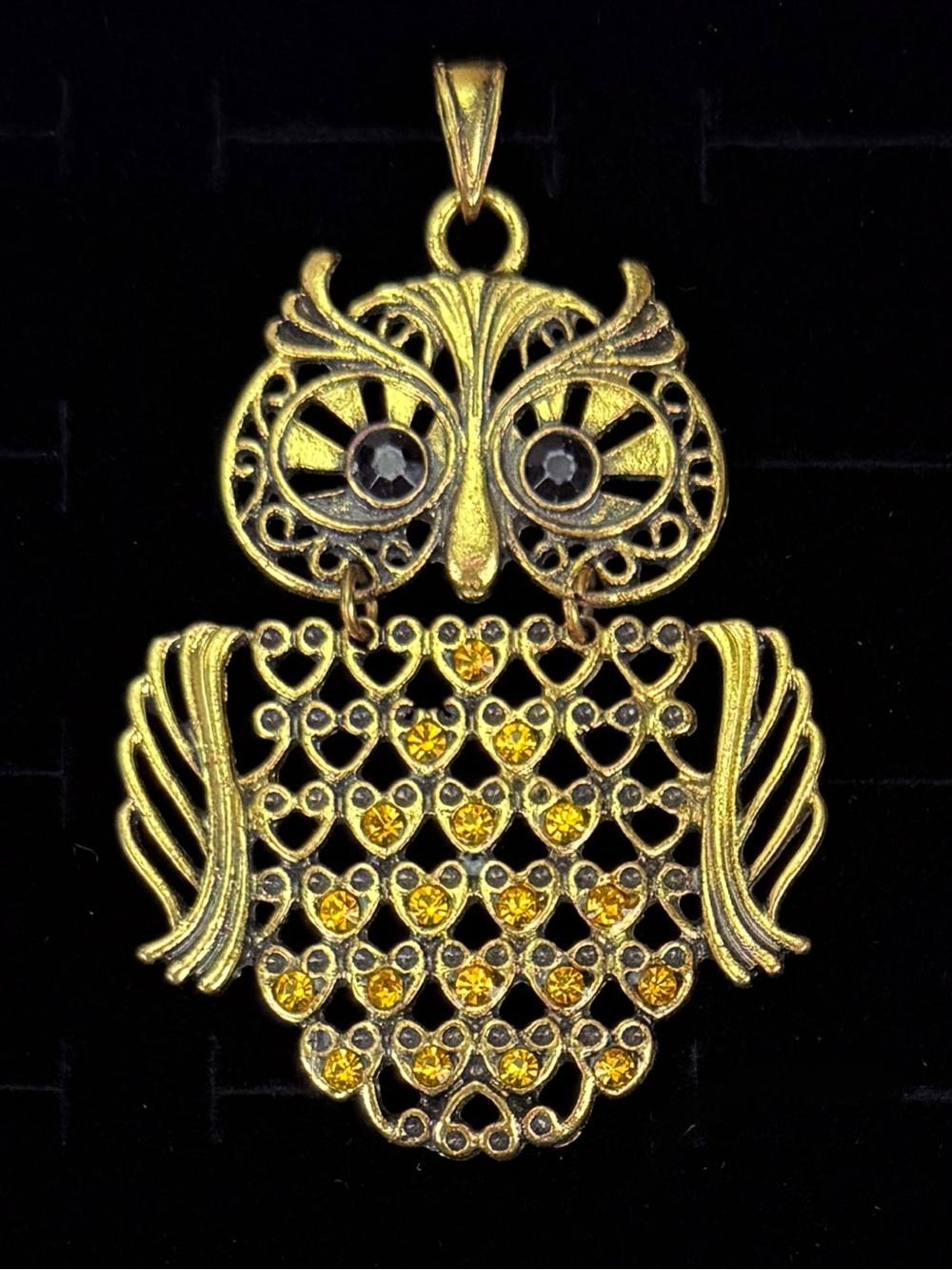 Aged brass tone, hinged owl pendant
